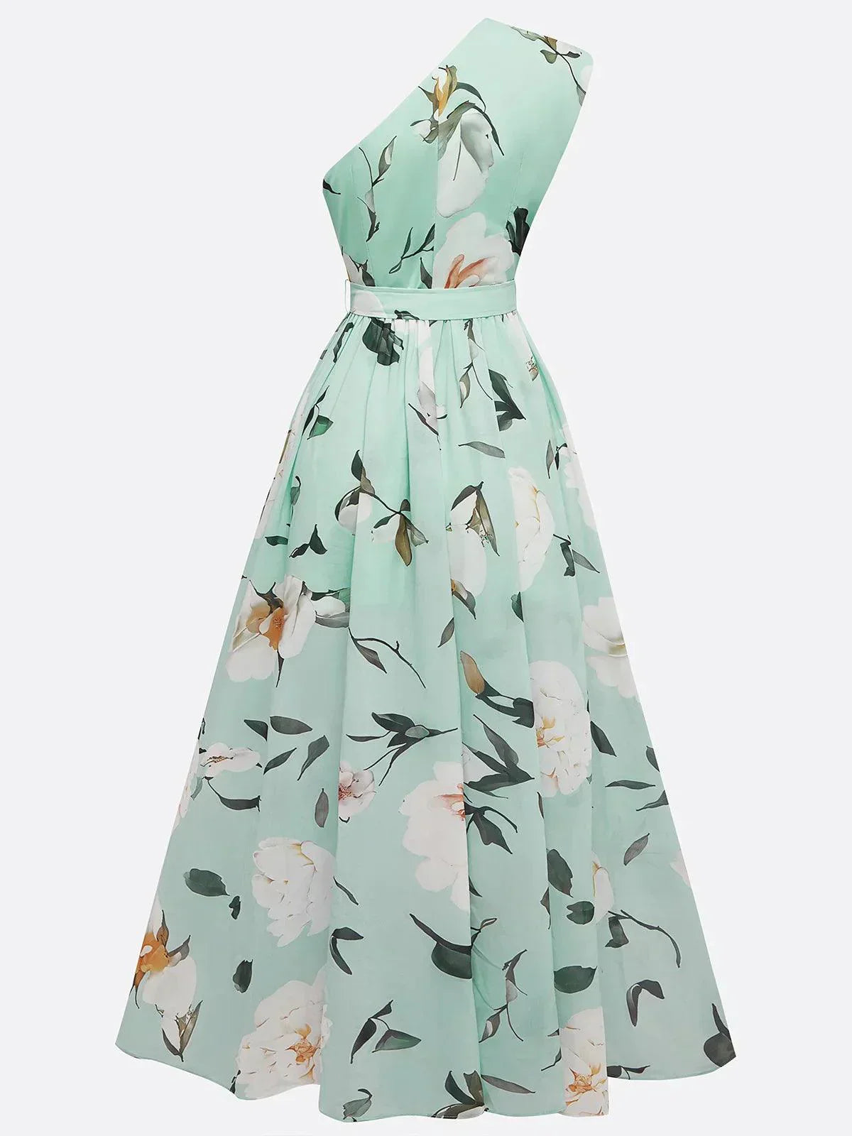 Julie | Lys Grøn Blomster Chiffon One-Shoulder Maxi Kjole