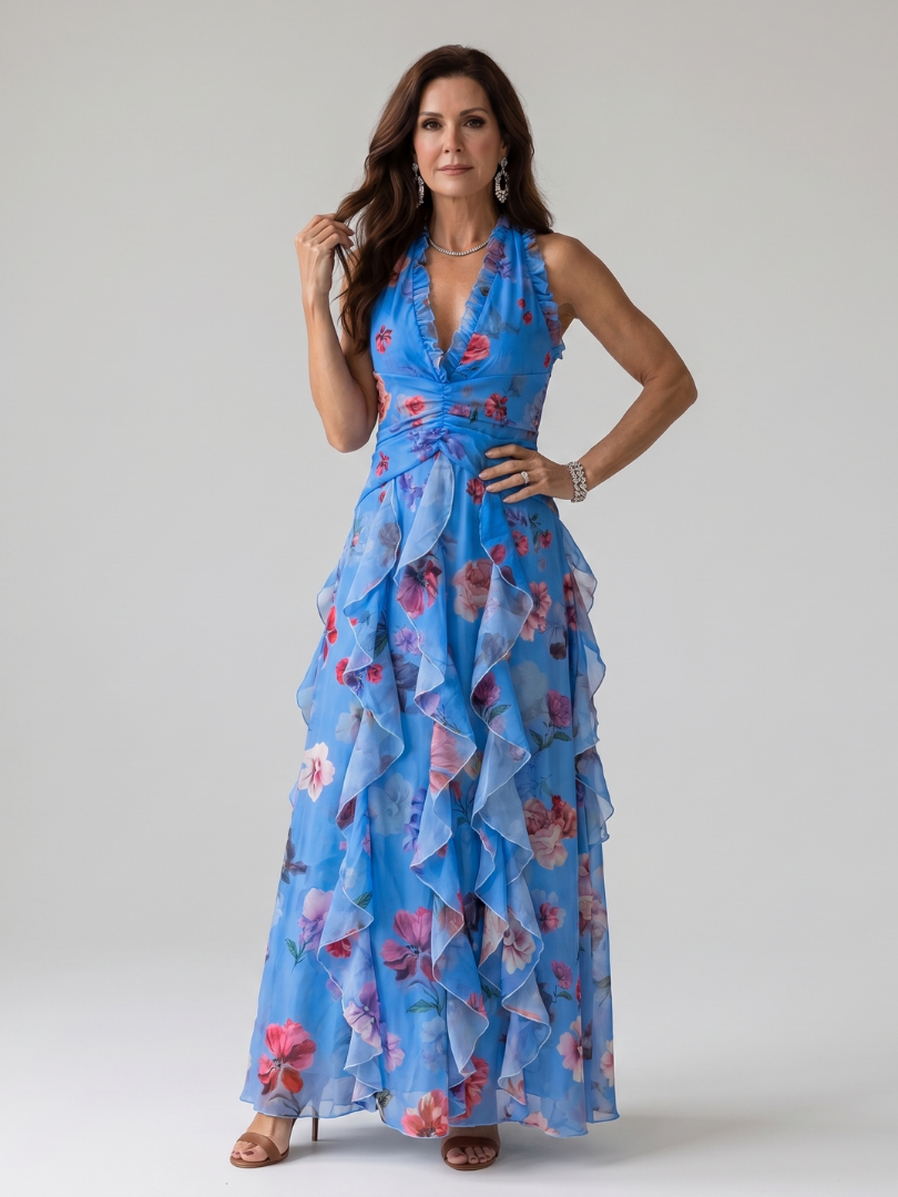 Nori™ Halterneck Rynkad Bodice Blommig Maxi Klänning