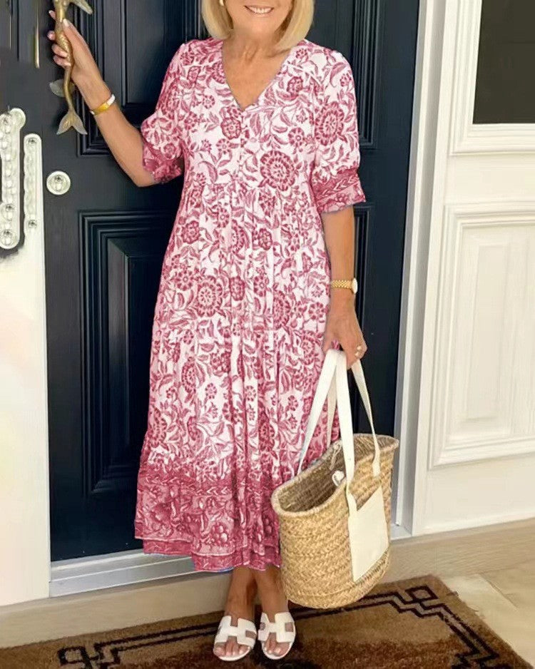Ellie | Elegant V-ringad Blommig Klänning