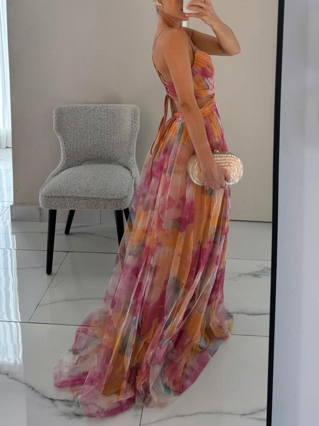 Karen | Malet Blomsterprint V-Hals Maxi Kjole