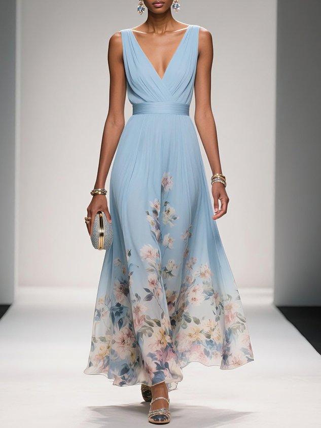 Rose | Lyseblå Blomster Chiffon V-Hals Maxi Kjole