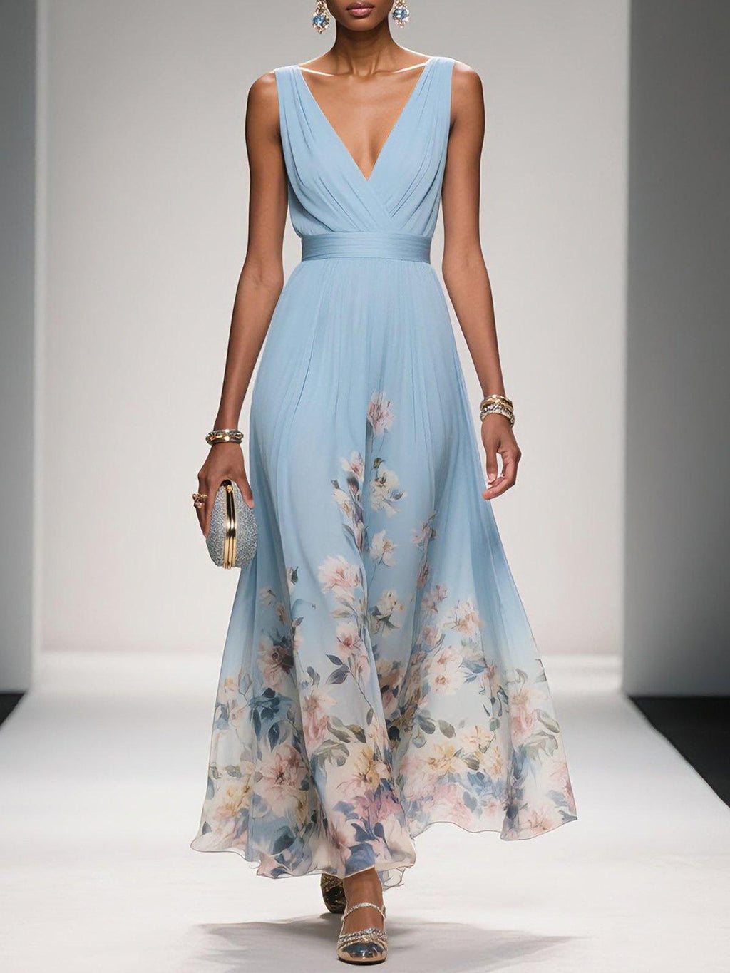 Rose | Lyseblå Blomster Chiffon V-Hals Maxi Kjole