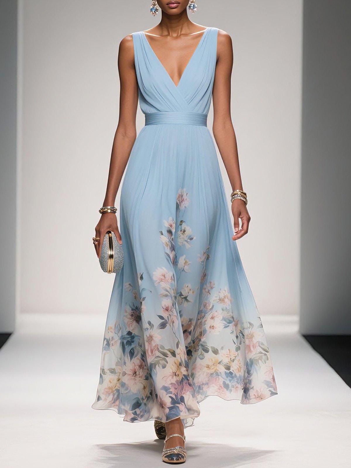 Rose | Lyseblå Blomster Chiffon V-Hals Maxi Kjole