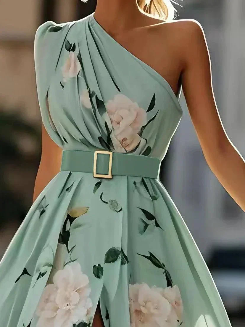 Julie | Lys Grøn Blomster Chiffon One-Shoulder Maxi Kjole