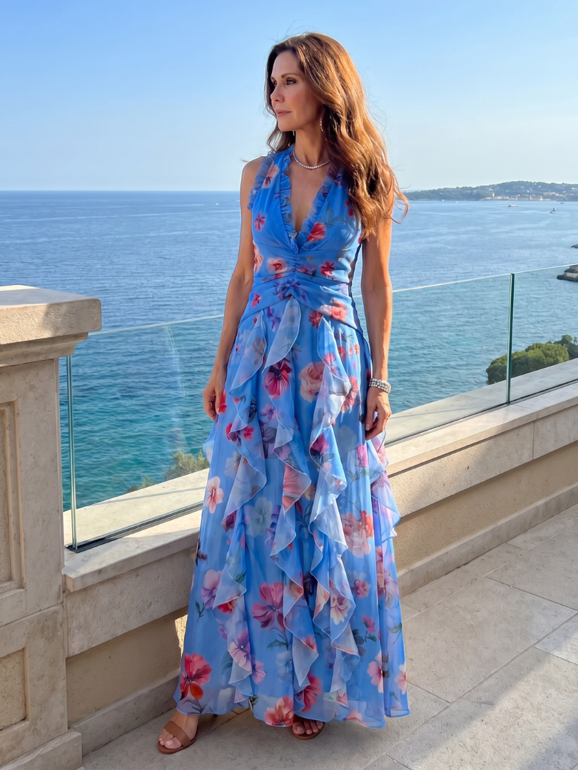 Nori™ Halterneck Rynkad Bodice Blommig Maxi Klänning