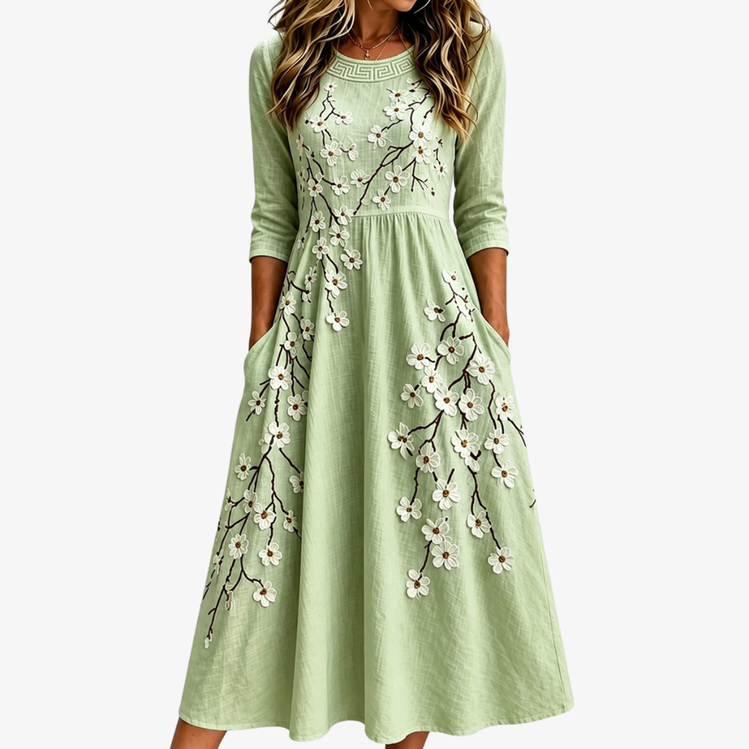 Sage Blossom Garden Pocket Midi Klänning