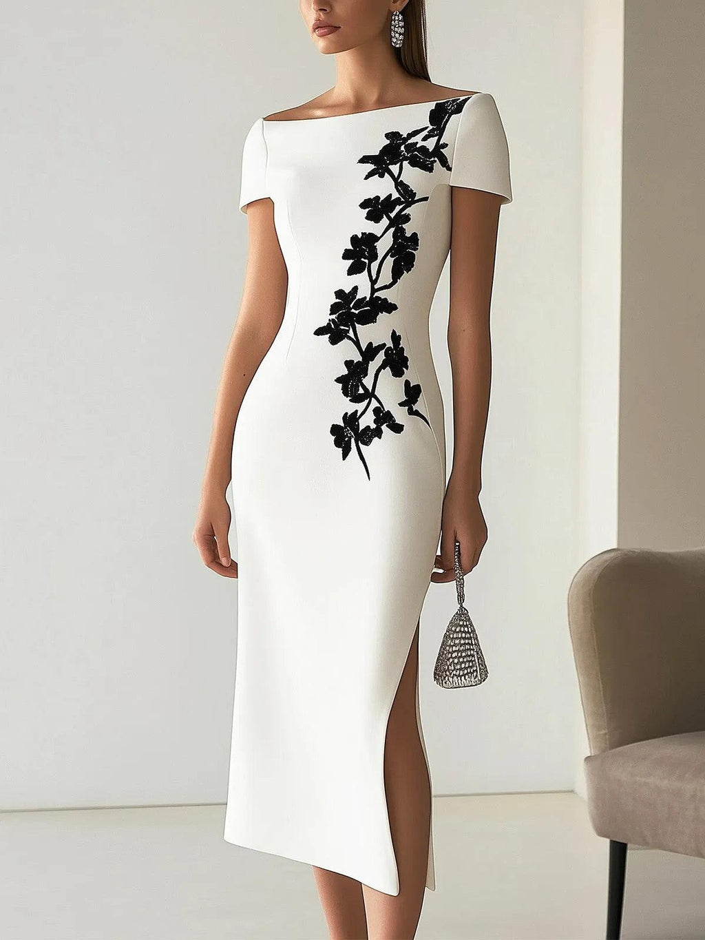 Audrey | Chic Blomsterprint Bådudskæring Midi Kjole Outfit