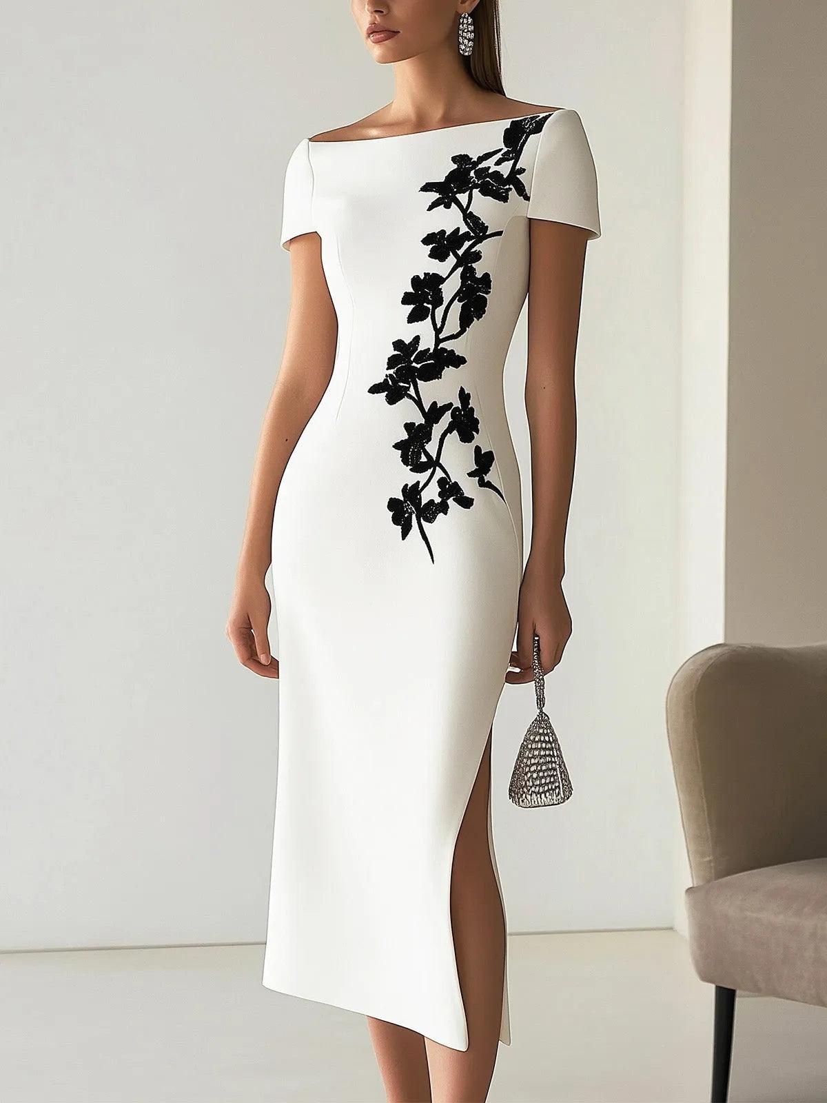 Audrey | Chic Blomsterprint Bådudskæring Midi Kjole Outfit