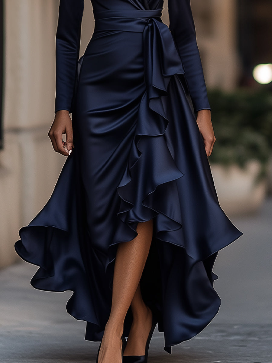 Palma | Satin Maxi Klänning med Volangdetaljer