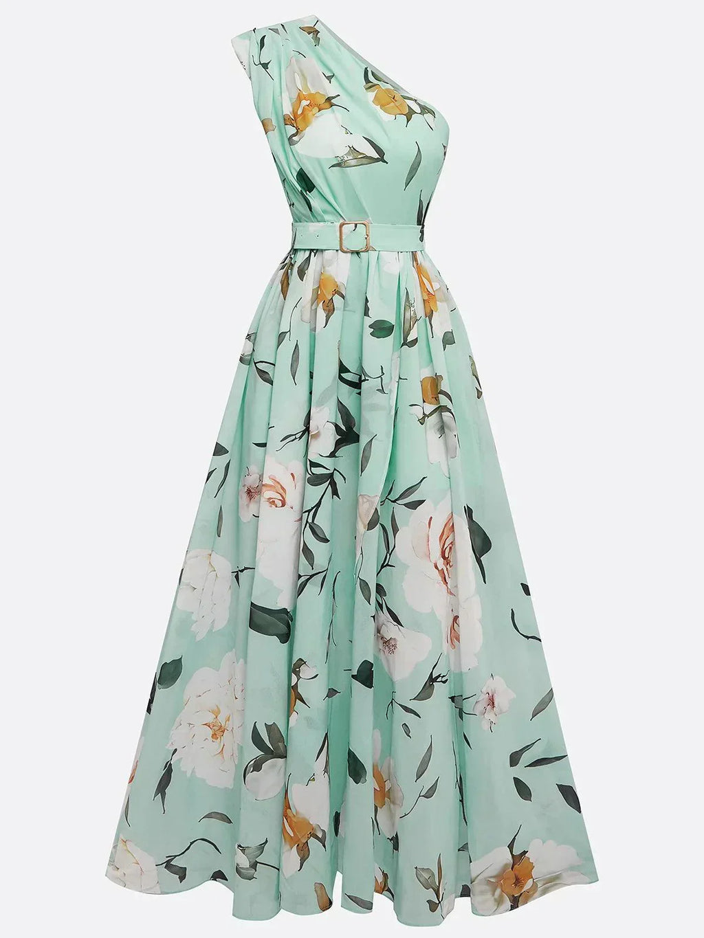 Julie | Lys Grøn Blomster Chiffon One-Shoulder Maxi Kjole