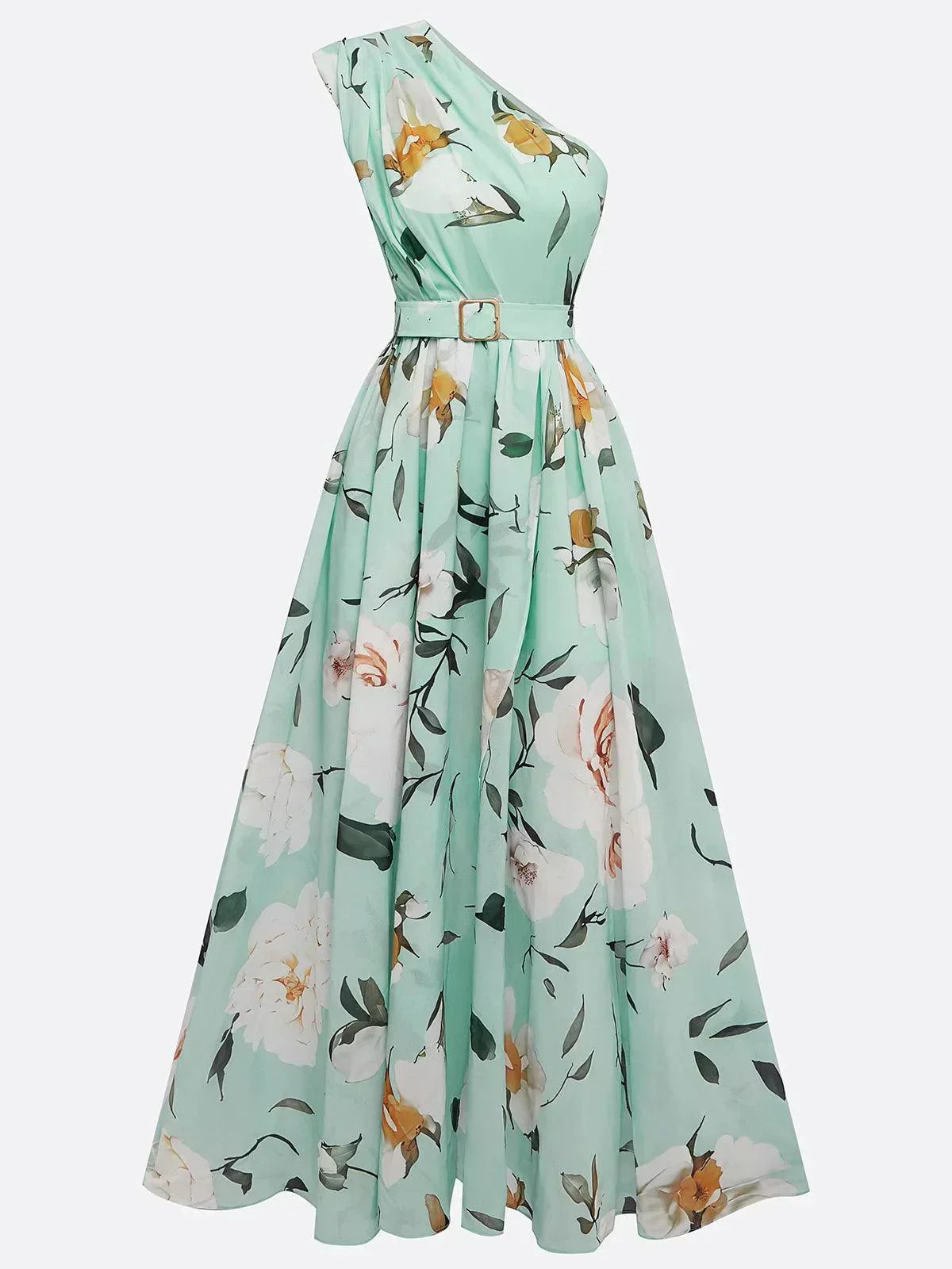 Julie | Lys Grøn Blomster Chiffon One-Shoulder Maxi Kjole
