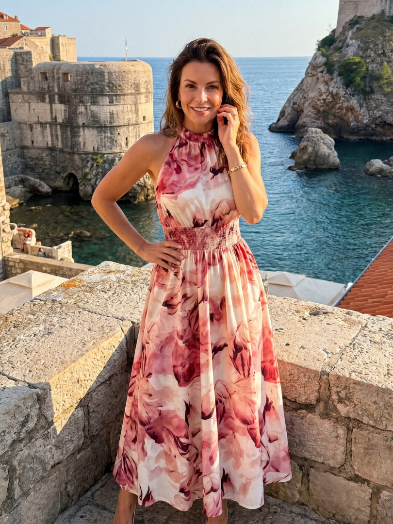 Olivia™ Samlet Talje Abstrakt Print Midi Kjole