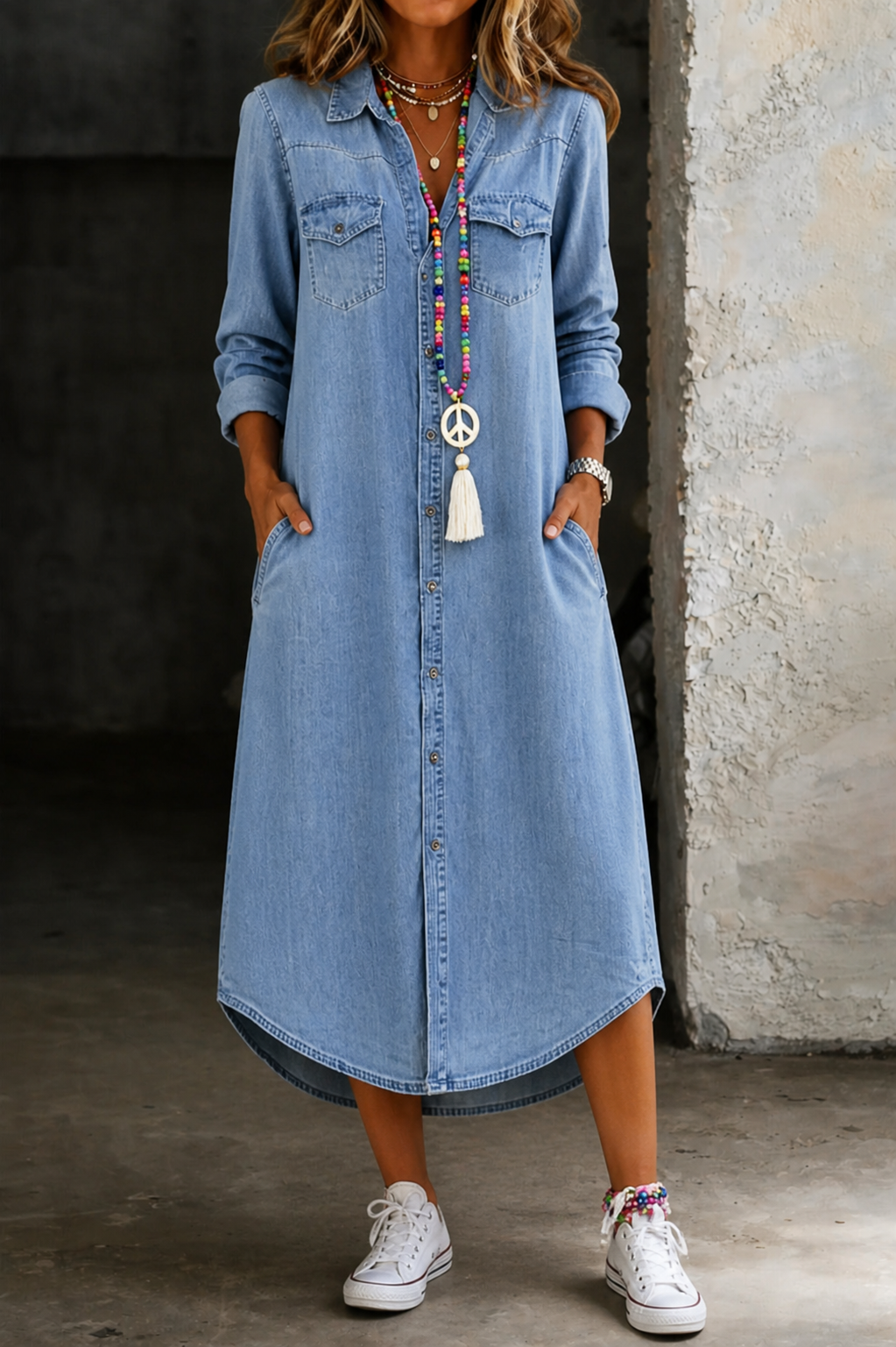 Helen | Avslappnad Elegant Lång Denim Skjortklänning
