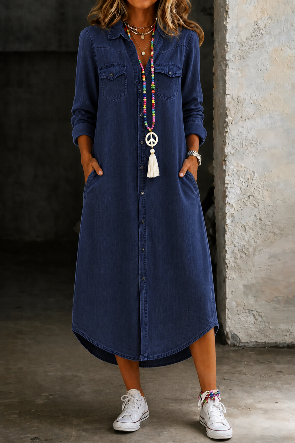 Helen | Avslappnad Elegant Lång Denim Skjortklänning