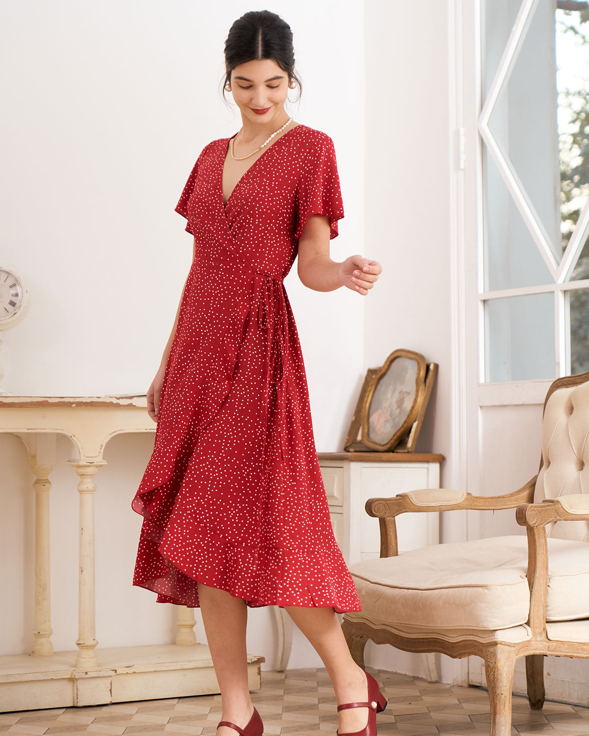 Polka Dot Volang Inslagen Klänning