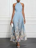 Rosalyn | Blå Blomster Chiffon Halterneck Maxi Kjole