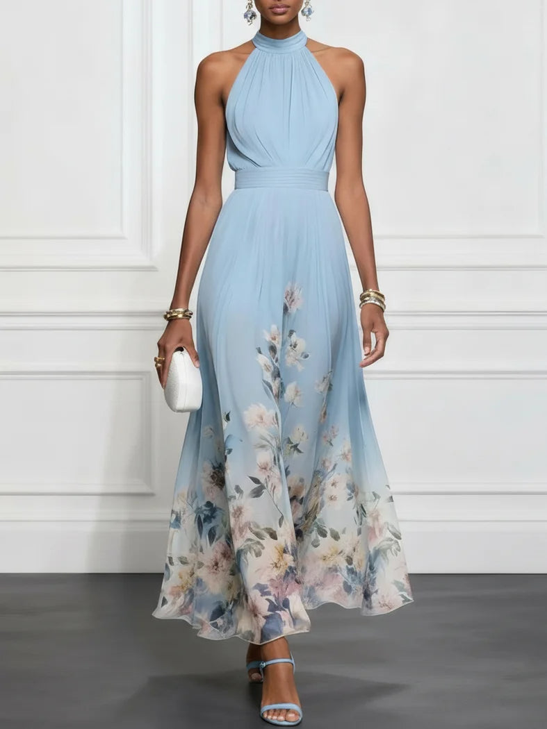 Rosalyn | Blå Blomster Chiffon Halterneck Maxi Kjole