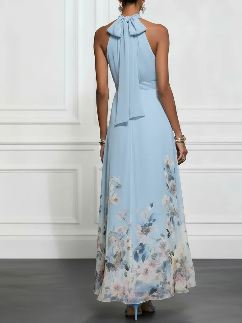 Rosalyn | Blå Blomster Chiffon Halterneck Maxi Kjole