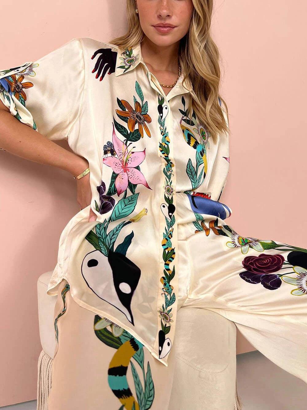 Nika | Resort Vibes Satin unikt print skjorte & bukser sæt Fit