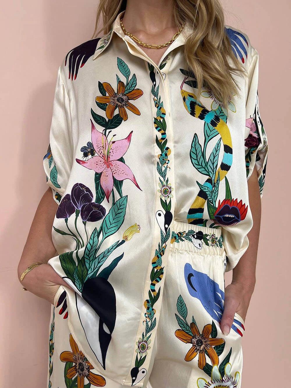 Nika | Resort Vibes Satin unikt print skjorte & bukser sæt Fit