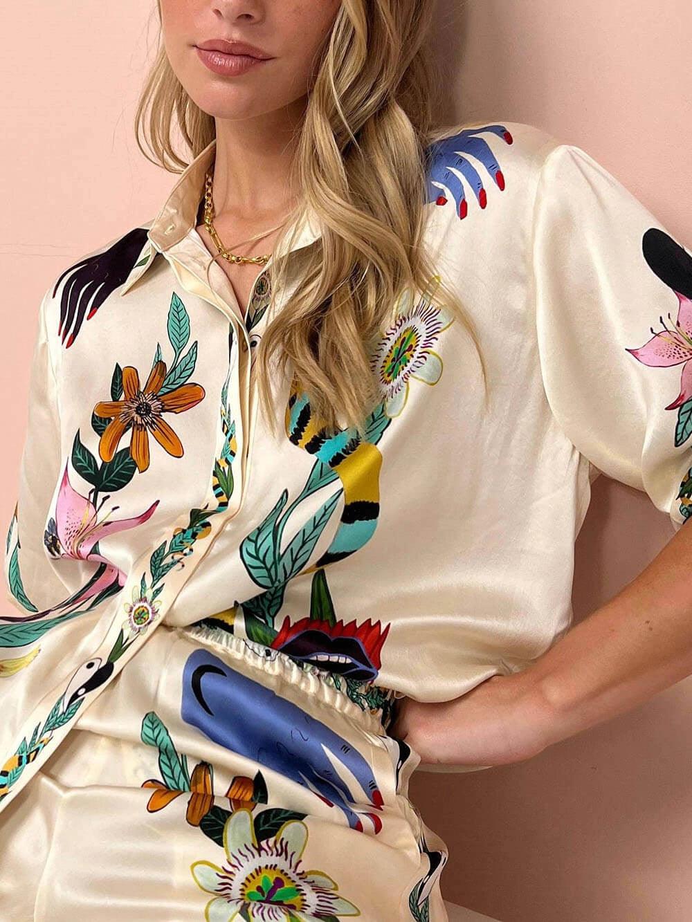 Nika | Resort Vibes Satin unikt print skjorte & bukser sæt Fit