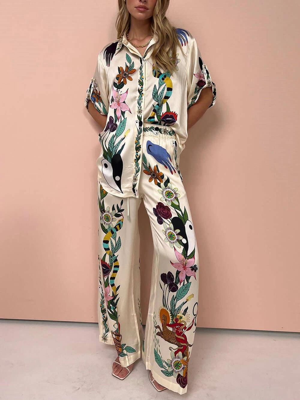 Nika | Resort Vibes Satin unikt print skjorte & bukser sæt Fit