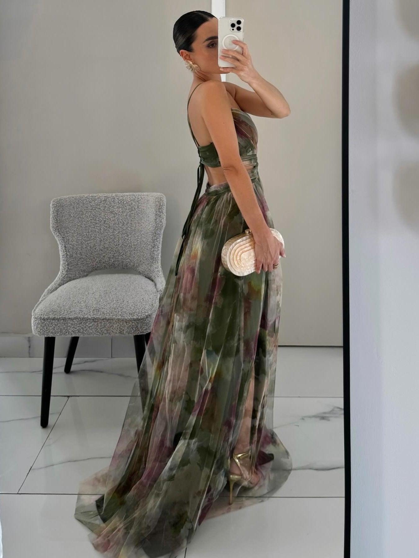 Karen | Malet Blomsterprint V-Hals Maxi Kjole