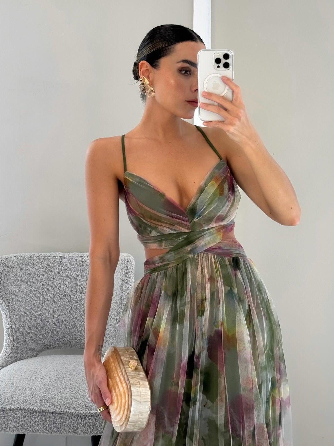 Karen | Malet Blomsterprint V-Hals Maxi Kjole