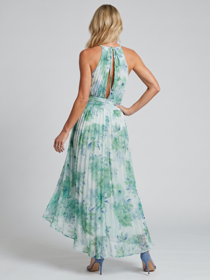 Portia™ Plisseret Halterneck Blødt Blomster Mønster Midi Kjole