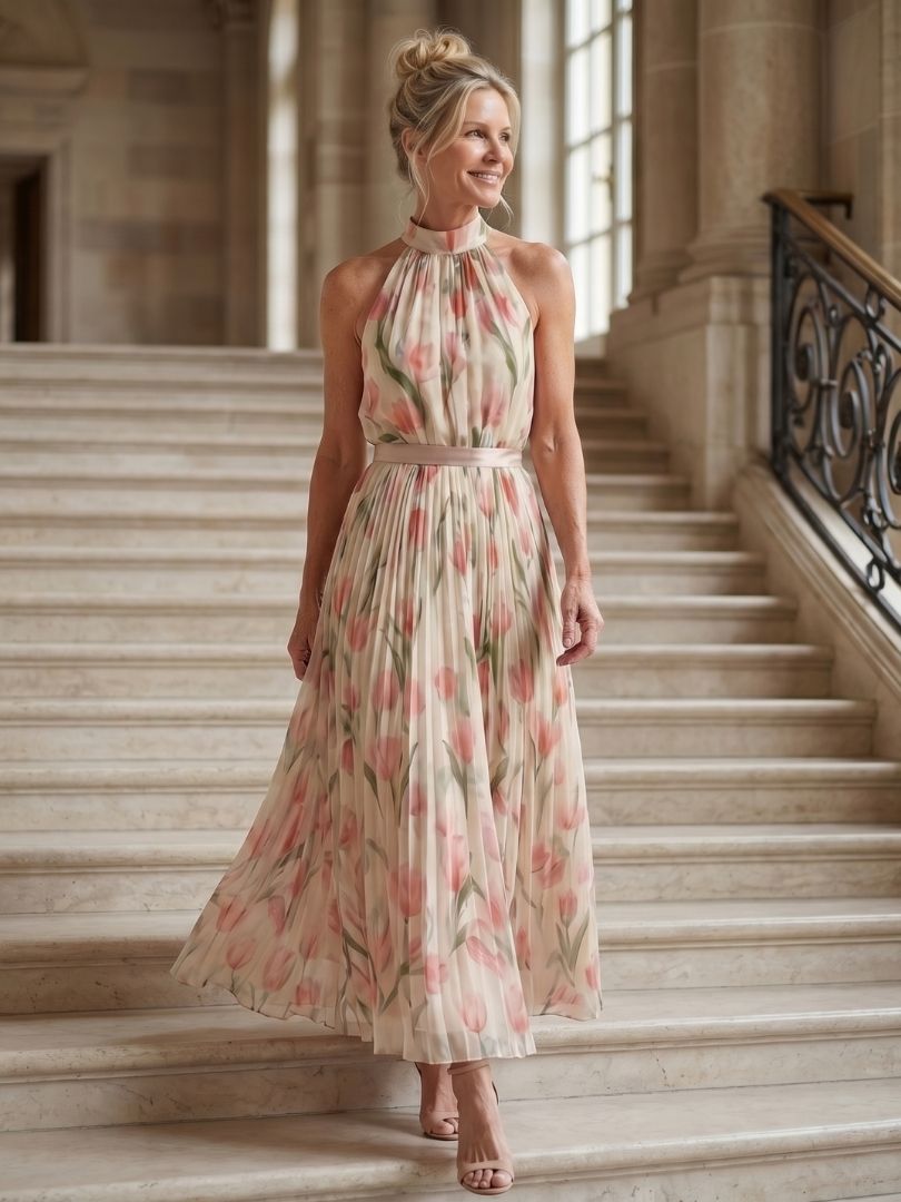Aurelle™ Halterneck Blomster Midi Klänning