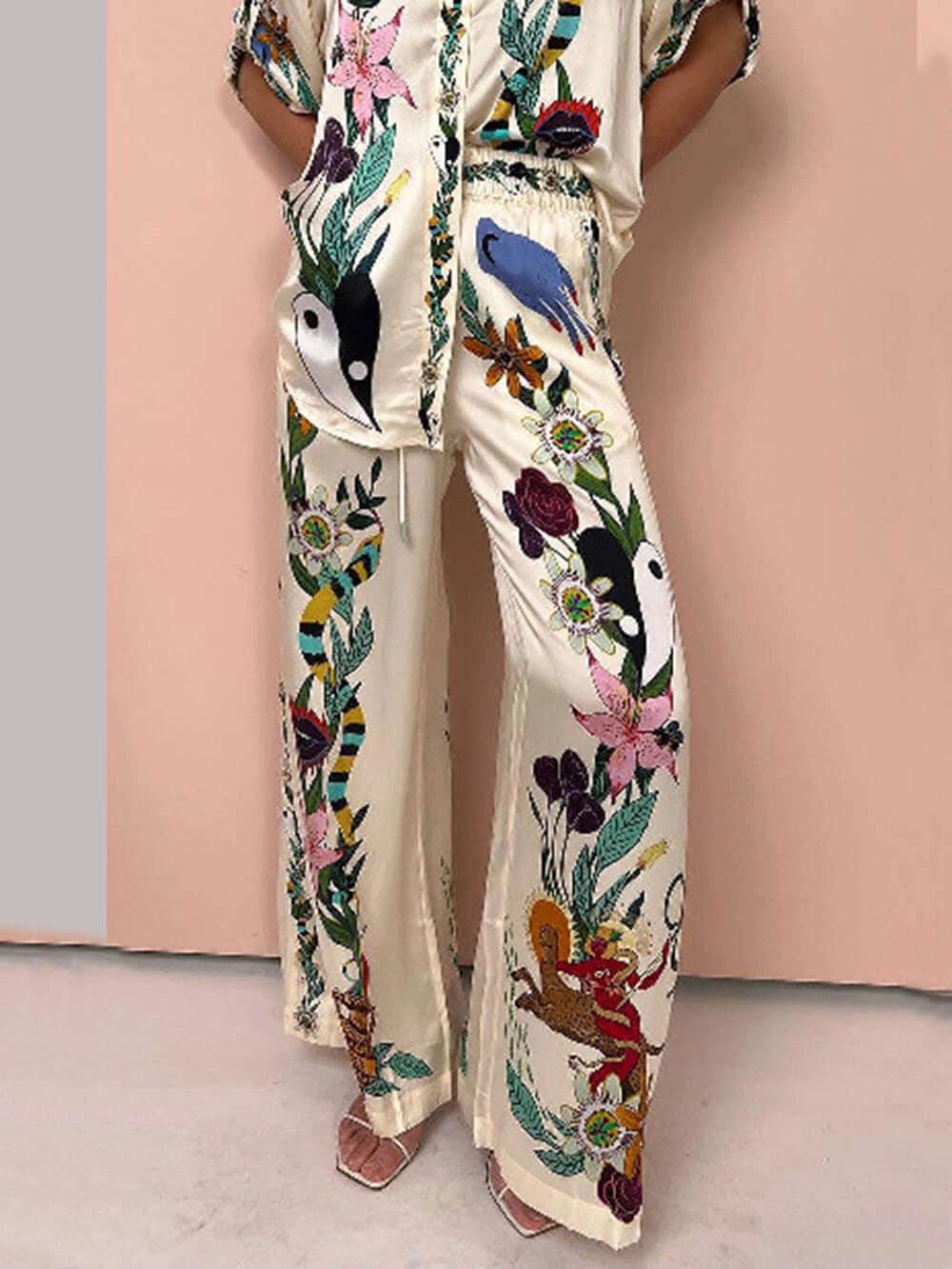 Nika | Resort Vibes Satin unikt print skjorte & bukser sæt Fit