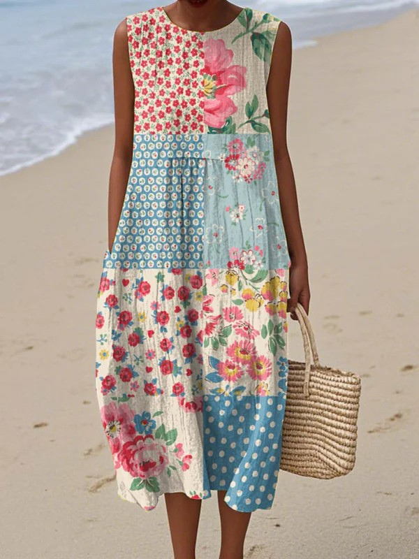 LOVISA™ | PATCHWORK MIDI-KLÄNNING I BLANDEDE FÄRGER