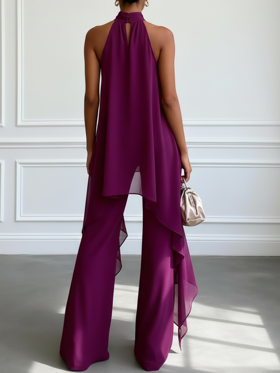 Lila Halterneck Ärmlös Elegant Top Med Byxor Tvådelad Set