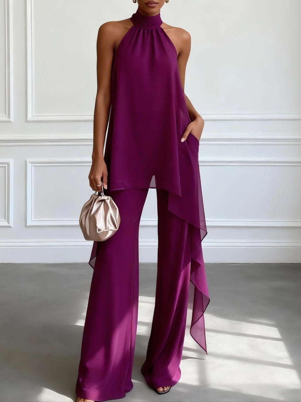 Lila Halterneck Ärmlös Elegant Top Med Byxor Tvådelad Set