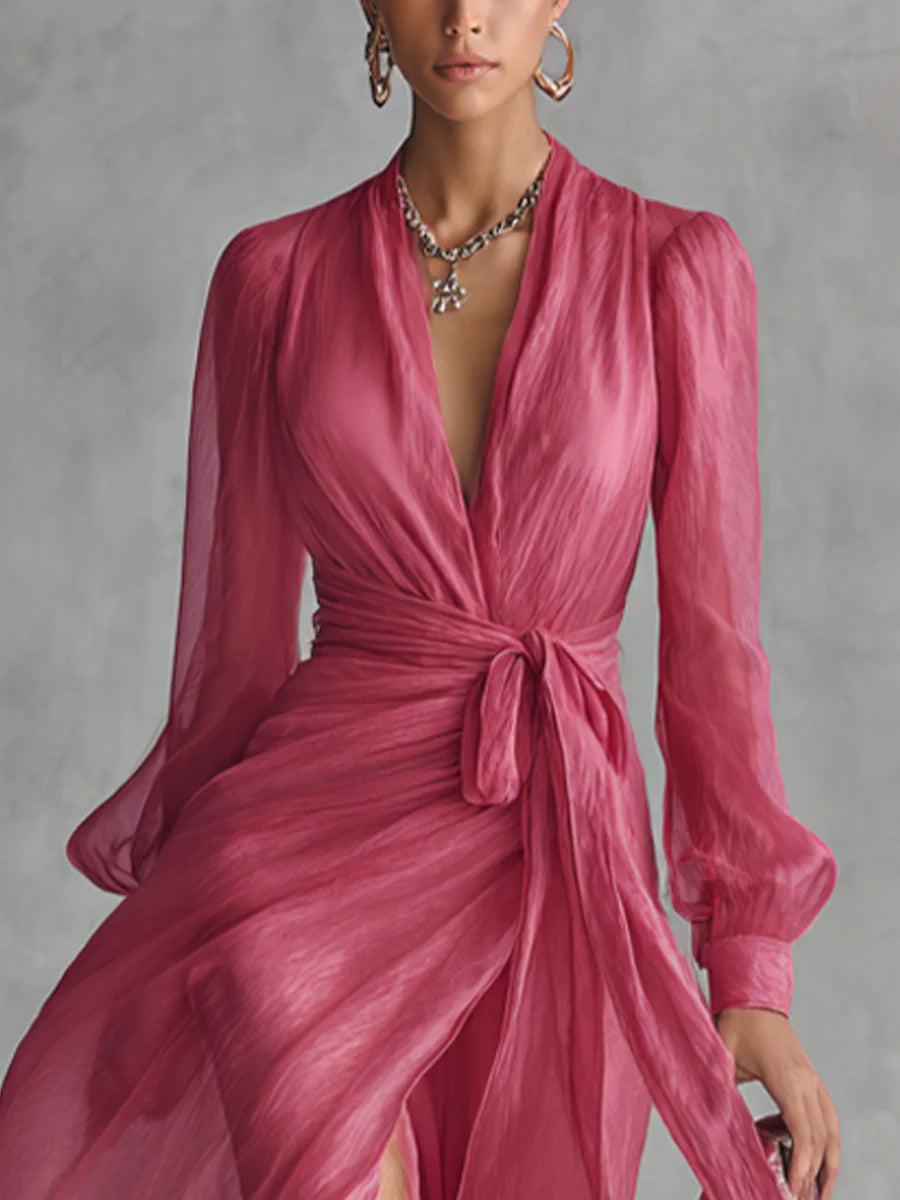 Beatrice | Elegant Chiffon V-hals Båndliv Lang Kjole