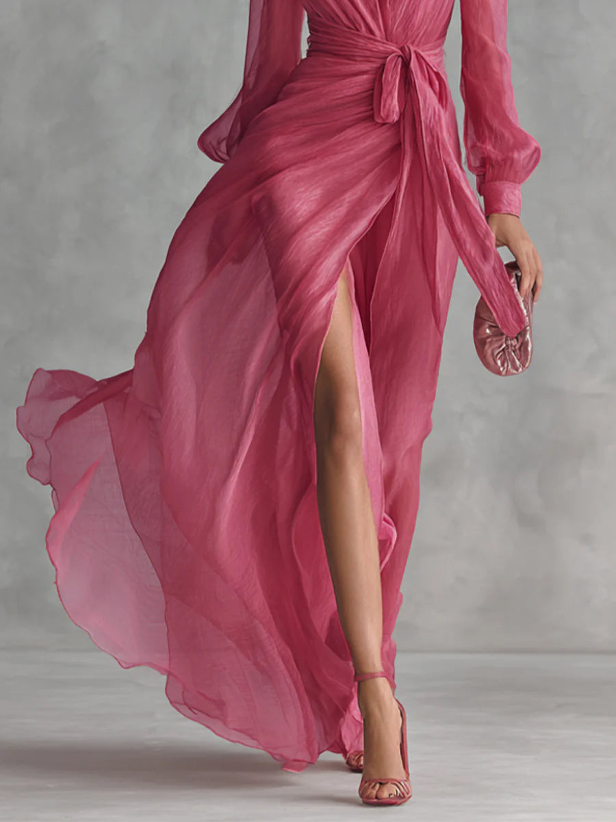Beatrice | Elegant Chiffon V-hals Båndliv Lang Kjole