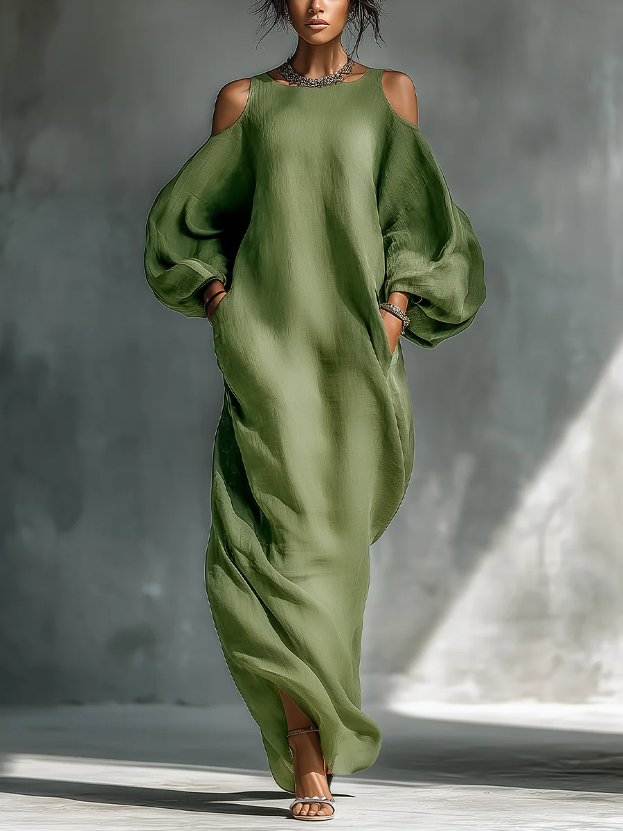 Anika | Grøn Off-Shoulder Puff Sleeve Maxi Kjole