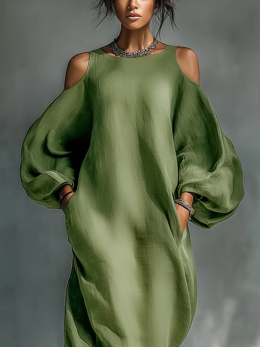 Anika | Grøn Off-Shoulder Puff Sleeve Maxi Kjole