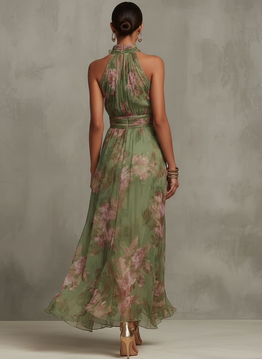 Florence | Grøn Blomster Chiffon Halterneck Maxi Kjole