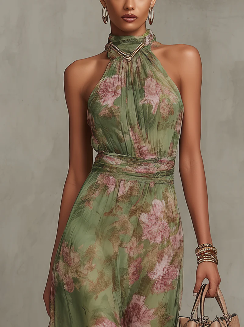 Florence | Grøn Blomster Chiffon Halterneck Maxi Kjole