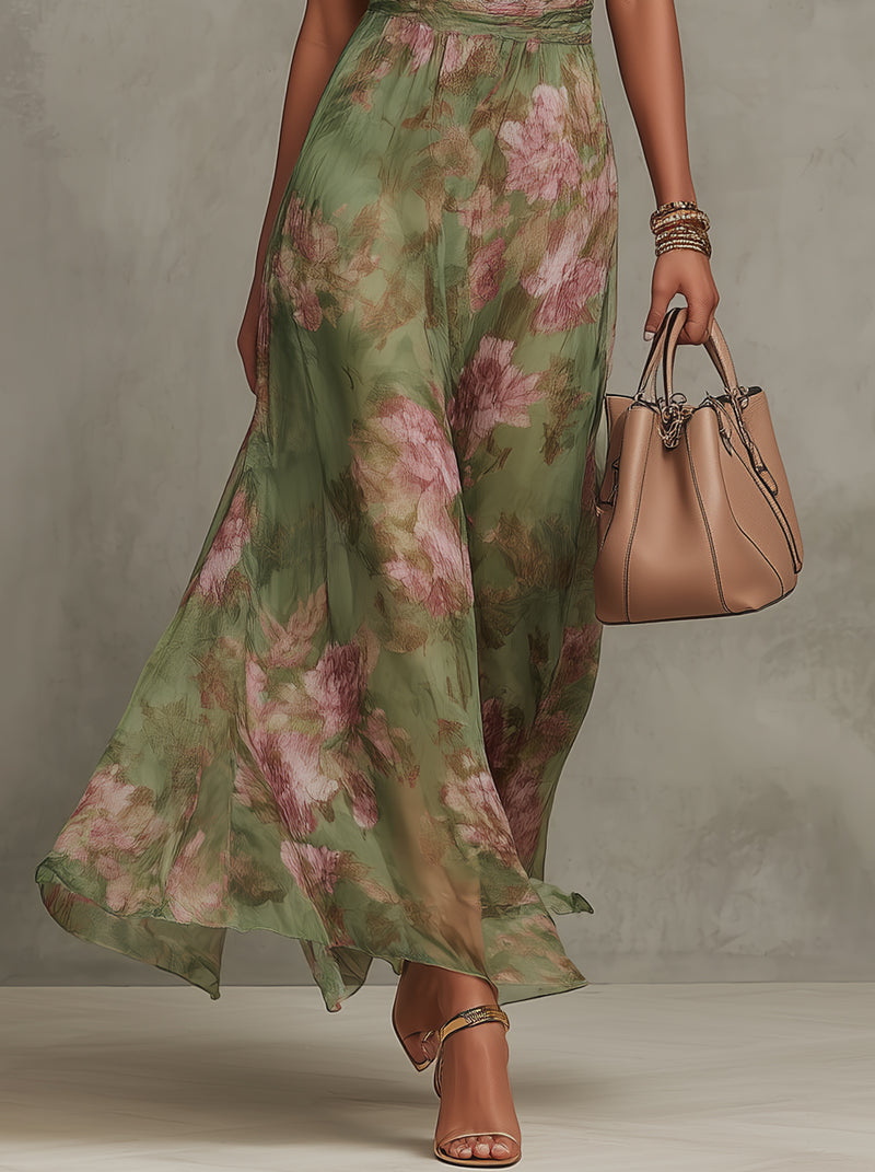 Florence | Grøn Blomster Chiffon Halterneck Maxi Kjole