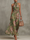 Florence | Grøn Blomster Chiffon Halterneck Maxi Kjole