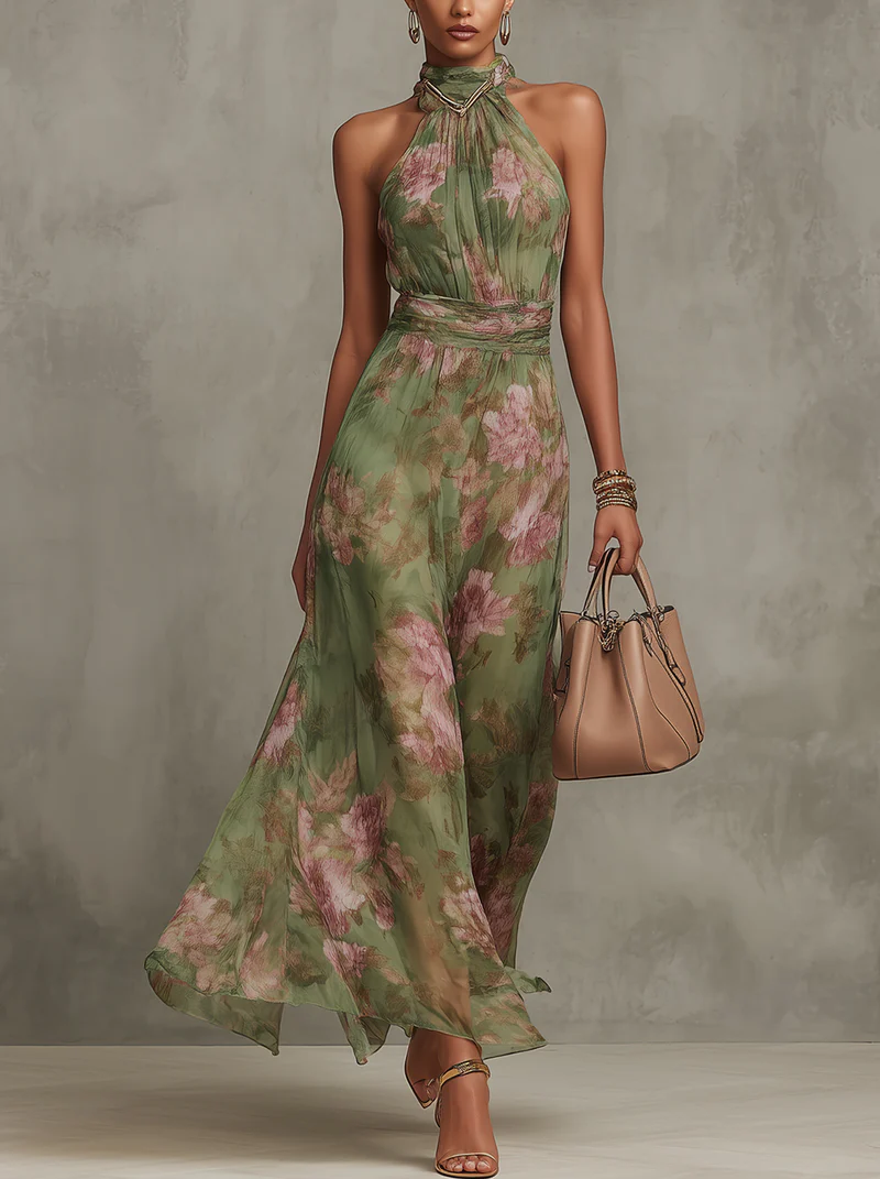 Florence | Grøn Blomster Chiffon Halterneck Maxi Kjole