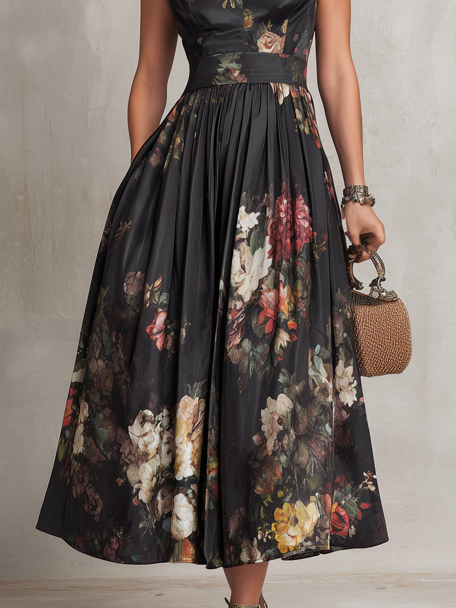 Patricia | Sort Blomster Satin Plisseret Midi Kjole
