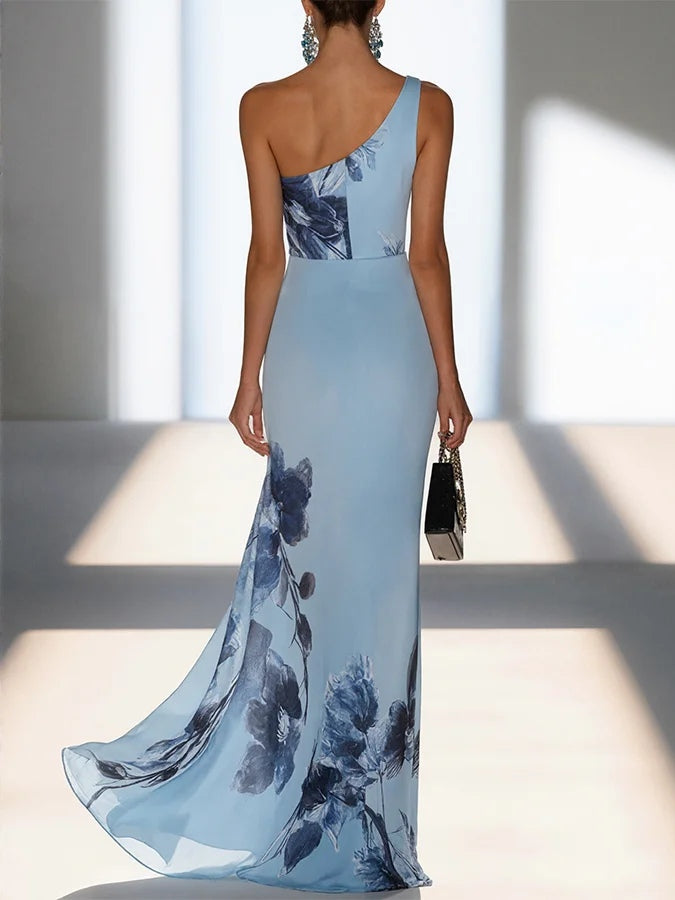 Victoria | Satin Ink Print Off-Shoulder Maxi Kjole