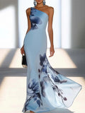 Victoria | Satin Ink Print Off-Shoulder Maxi Kjole