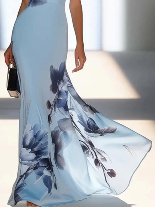 Victoria | Satin Ink Print Off-Shoulder Maxi Kjole