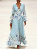 Mia | Lys Blå Blomstret Chiffon V-Hals Maxi Kjole