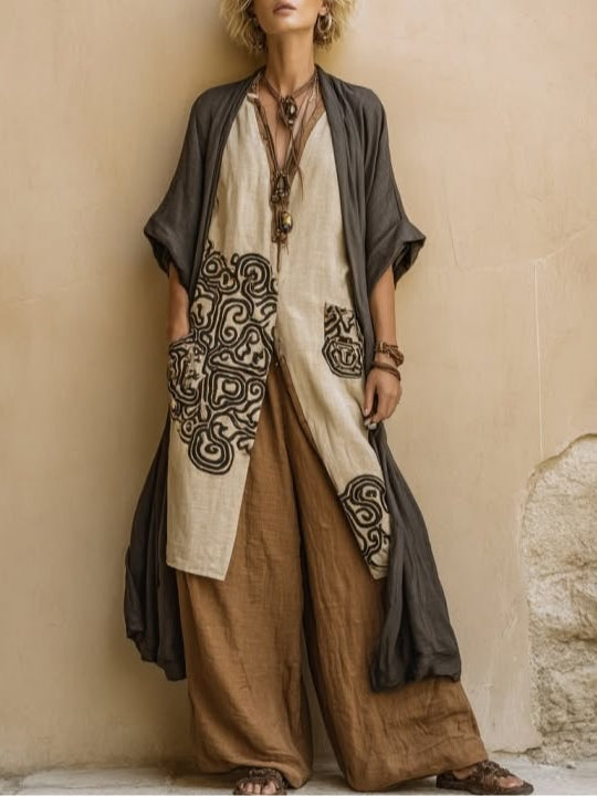 Sophie | Mørkegrå & Brun Tribal Print Tre-delt Sæt