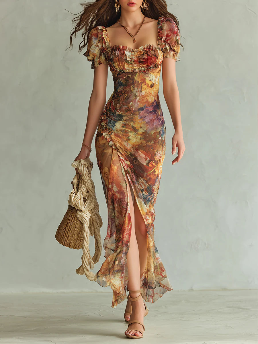 Orange Bohemisk Semester Oljemålning Tryck Chiffon Maxi Klänning